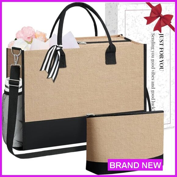 Handbags - Personalized Monogrammed Tote Bag with Makeup Bag Heavy-Duty Canvas Elegant Gift
